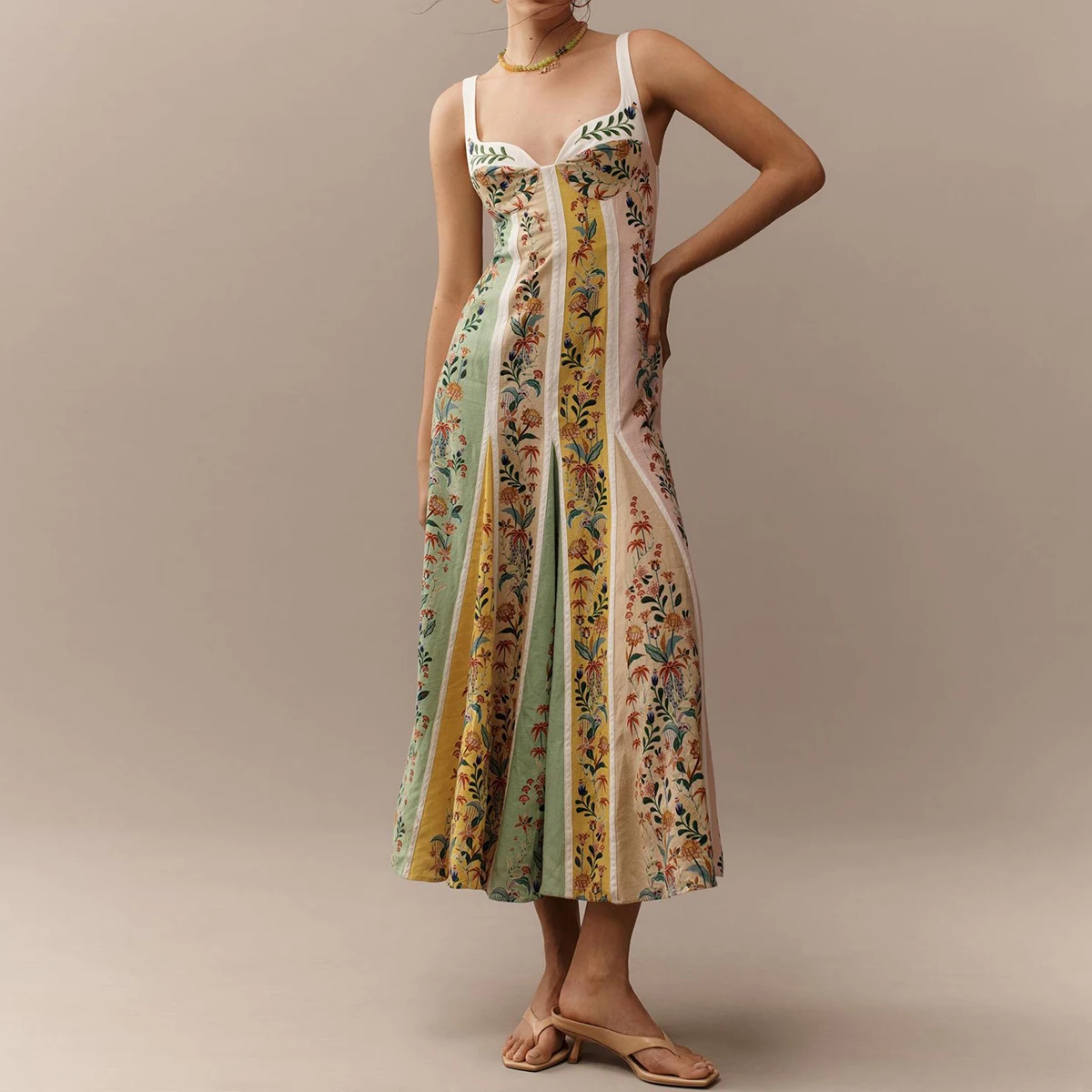 

Women Deep V Neck Strap Fashion Print Spring Summer A Line Cotton Linen Long Dress