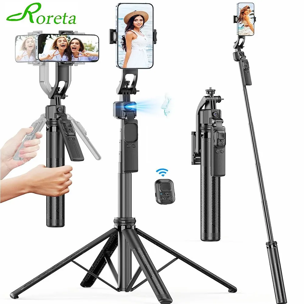 Roreta anti shake pan tilt tripé com luz fotografia automática selfie vara com controle remoto bluetooth inteligente ai follow-up