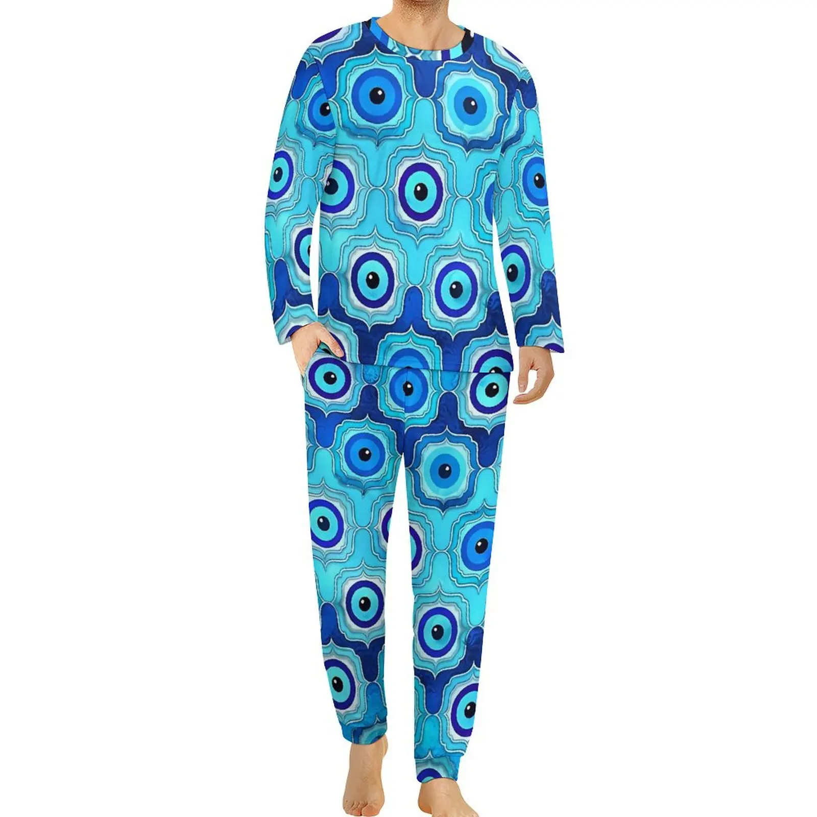 Evil Eye Pajamas Blue Glass and Silver Man Long-Sleeve Retro Pajamas Set 2 Piece Home Daily Design Nightwear Gift