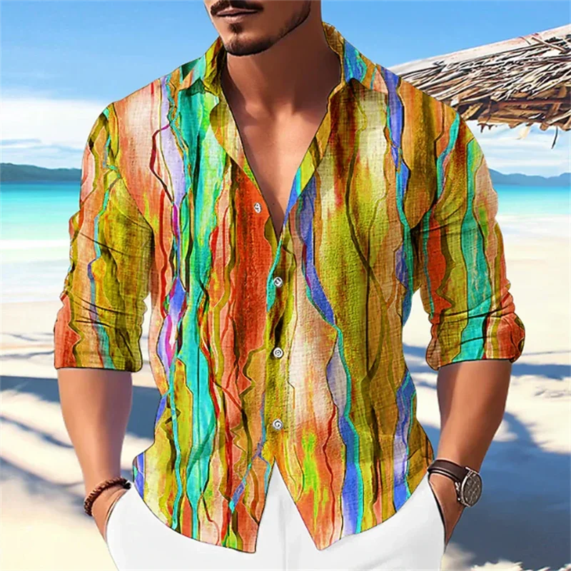 Fashionable Men's Abstract Wolf Tiger Daily Outing Spring and Summer Lapel Long Sleeve Four-Way Stretch Fabric Men's Tops Shirt