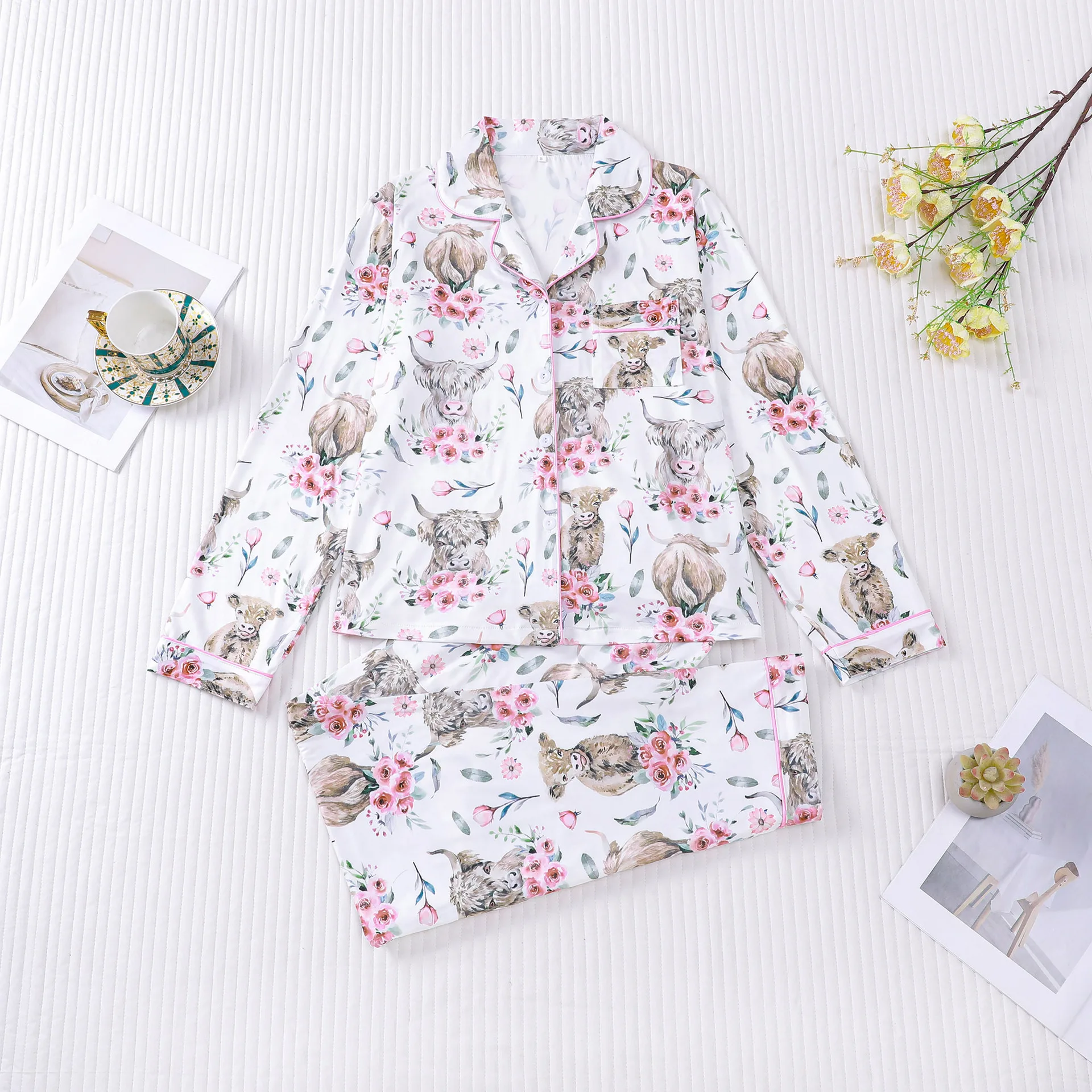 

Autumn New Women's Pajamas Printed Lapel Collar Long-sleeved Trousers 2PCS Milk Silk Fashionable Comfortable Loungewear Set