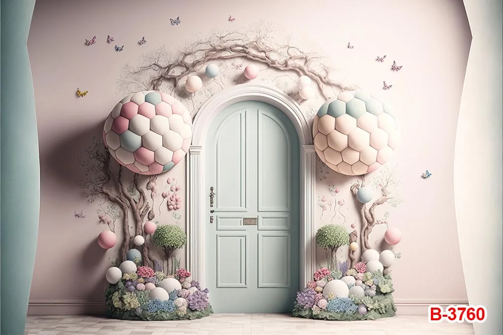 Spring Easter Rabbit Eggs Backdrops Floral Photographic Cake Smash Bunny Green Plants Wooden Door Backgrounds Banner Decor