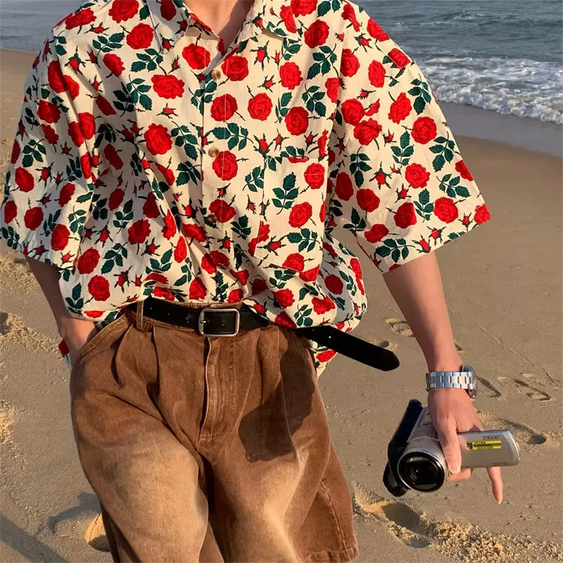 2022 Summer Beach Hawaiian Rose Shirts Vintage Red Floral Button Up Shirt Men Women Loose Casual Tops Large 2XL Japan Kawaii Tee