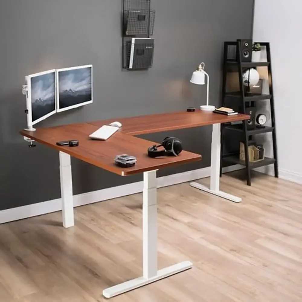 Electric Height Adjustable L-Shaped Stand Up Corner Desk with 2 Dark Walnut Tops White Frame Memory Controller Strong Steel