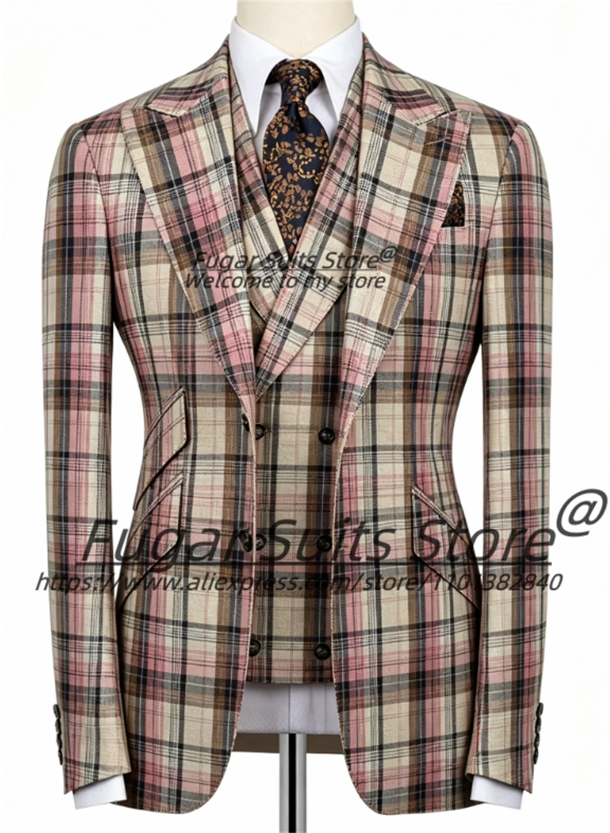 Customized Pink Brown Check Groom Wedding Tuxedos Slim Fit Peak Lapel Men Suits Male Party Blazers 3 Pieces Sets Costume Homme