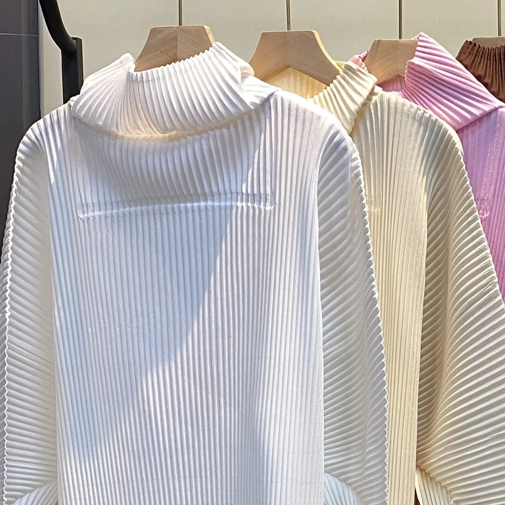 

Miyake Folds 2026 Spring Tops Women's High Neck Long Sleeve T-Shirt Women Loose Large Size Slim Covered Meat Pullover Pleat