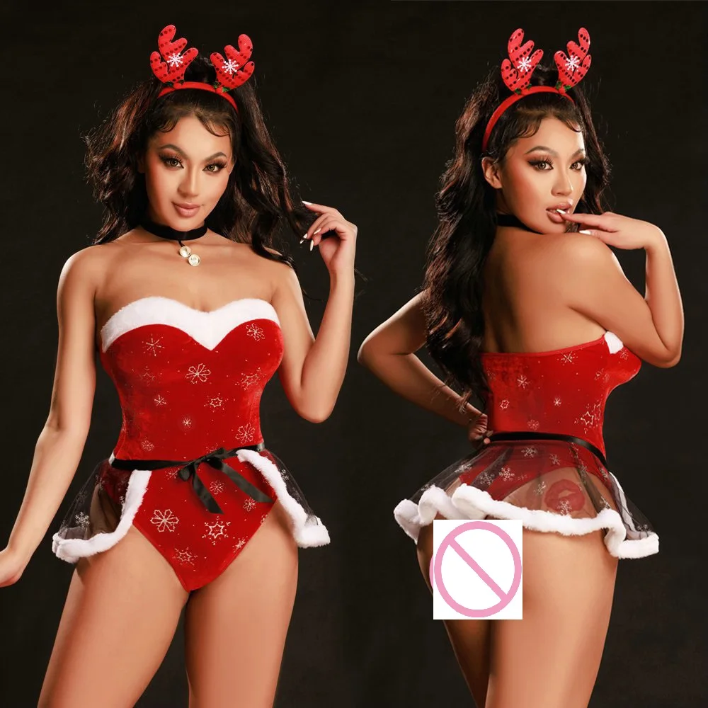 

New Arrival Women's Sexy Off-should Velvet Lingerie Underwear Lady Christmas Party Red Bodysuit Holiday Pushed Up Costumes