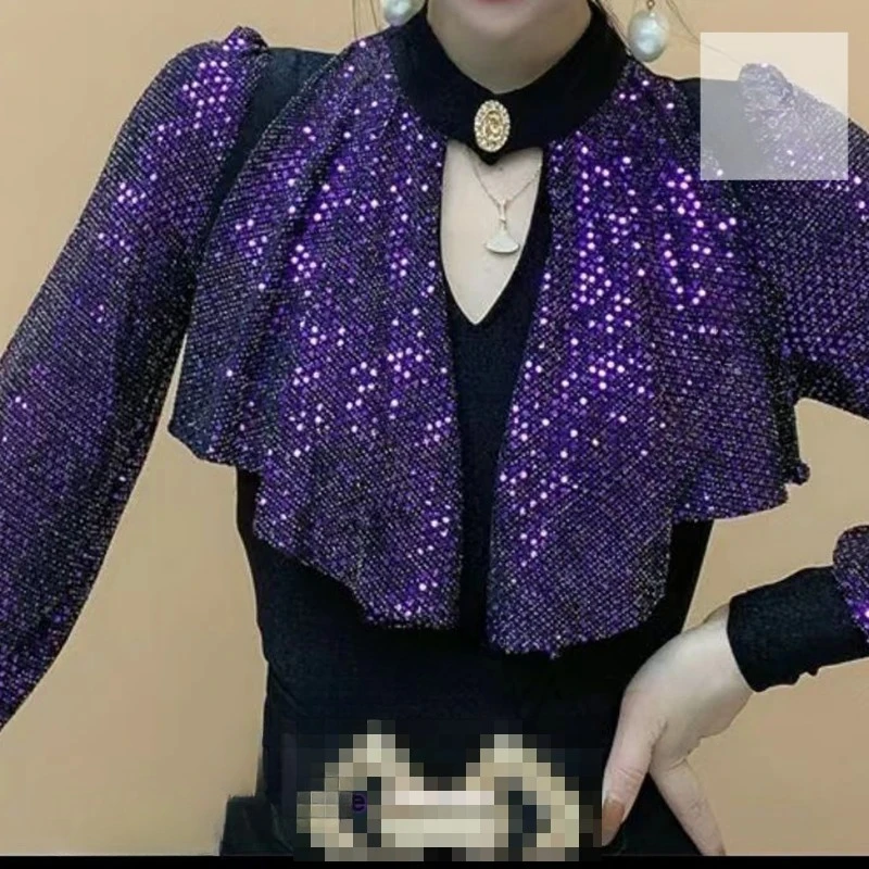 

French style fashion fake two-piece splicing sequined shirt women's spring and autumn new long-sleeved Joker bottoming shirt
