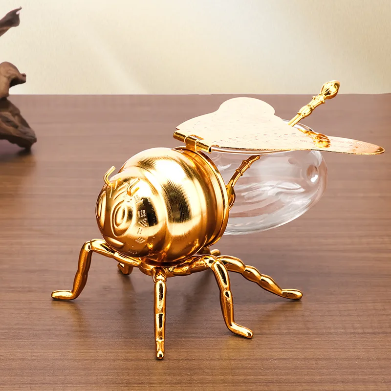 48 Pieces European Classical Bee Design Golden Glass Honey Pot with Spoon High-End Kitchen Sugar Bowl Zinc Alloy Seasoning Jar