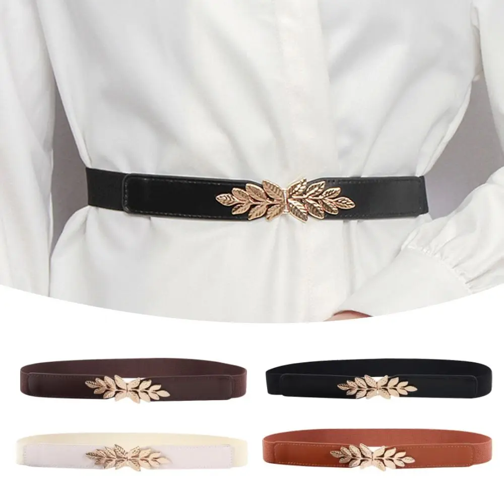 Fashion Metal Buckle Leaf Waistbands PU Leather Stretchy Elastic Cummerbunds Shiny Skinny Waistband Strap For Women Lady Girl