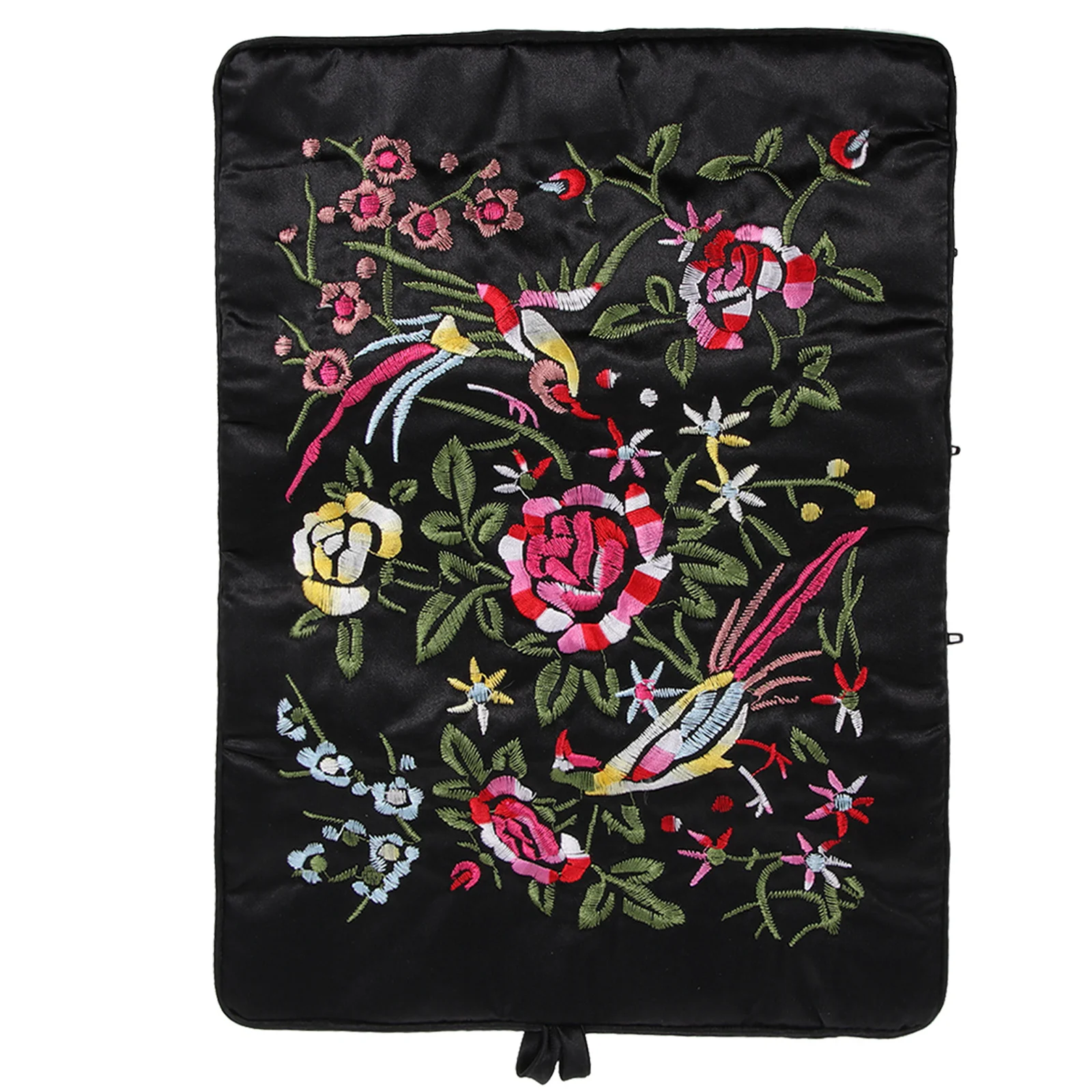 

Jewellery Roll Bag Embroidered Silk Satin Chinese Floral Pattern Large Pocket 3 Zippered Pockets Travel Organizer