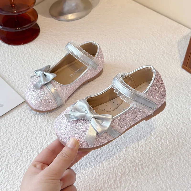 Fashion Girls Shoes2026spring New Kids Leather Shoe Cute Versatile Girl Rhinestone Princess Shoes Comfort Child Flat Casual Shoe