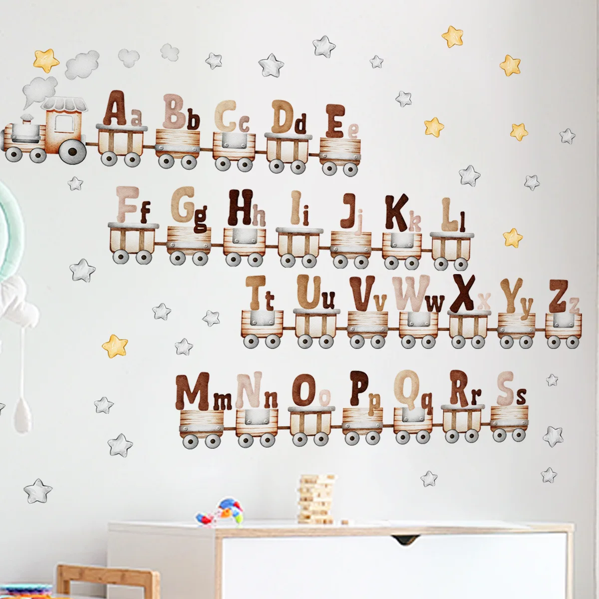 Cartoon Train 26 Letters Educational Wall Stickers Alphabet Train Learning Wall Decals for Classroom Study Baby Room Decoration