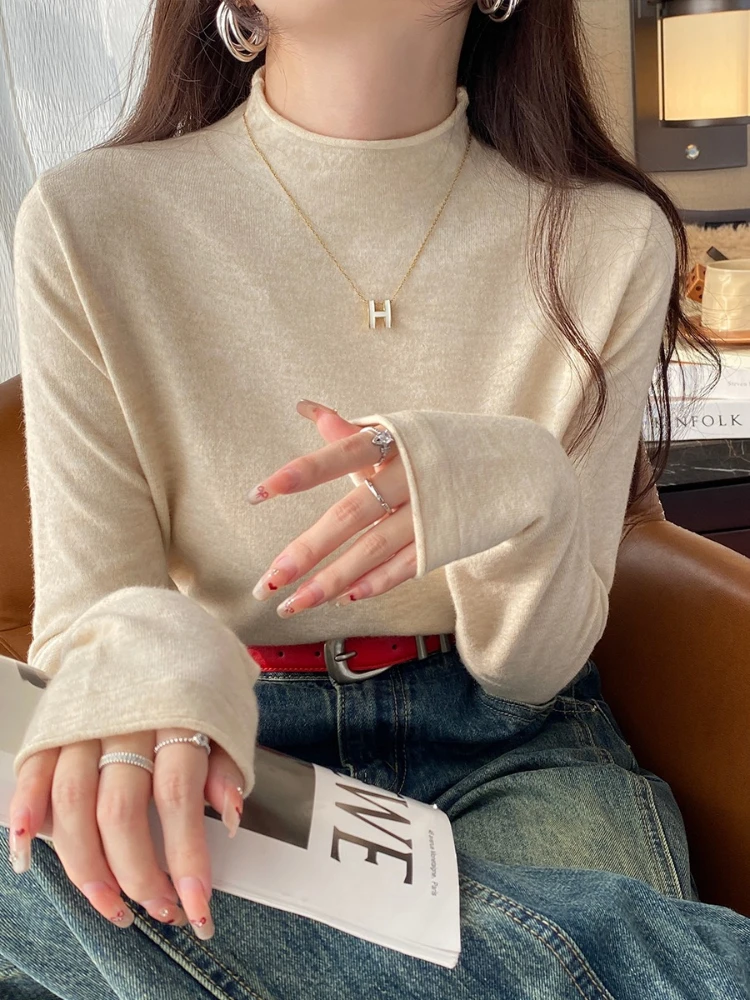 Mock Neck Long‑Sleeve Knit Women Pullover 2026 Autumn Winter New Chic Black Versatile Sweater Layering Basic Knit Base Tops