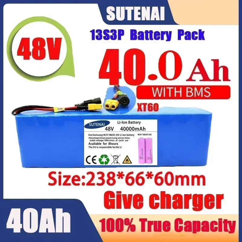 Poderoso 48V 120000 Bateria de íon-lítio mAh 1000w 13S3P XT60 120Ah para bicicleta elétrica scooter 54,6V com carregador BMS