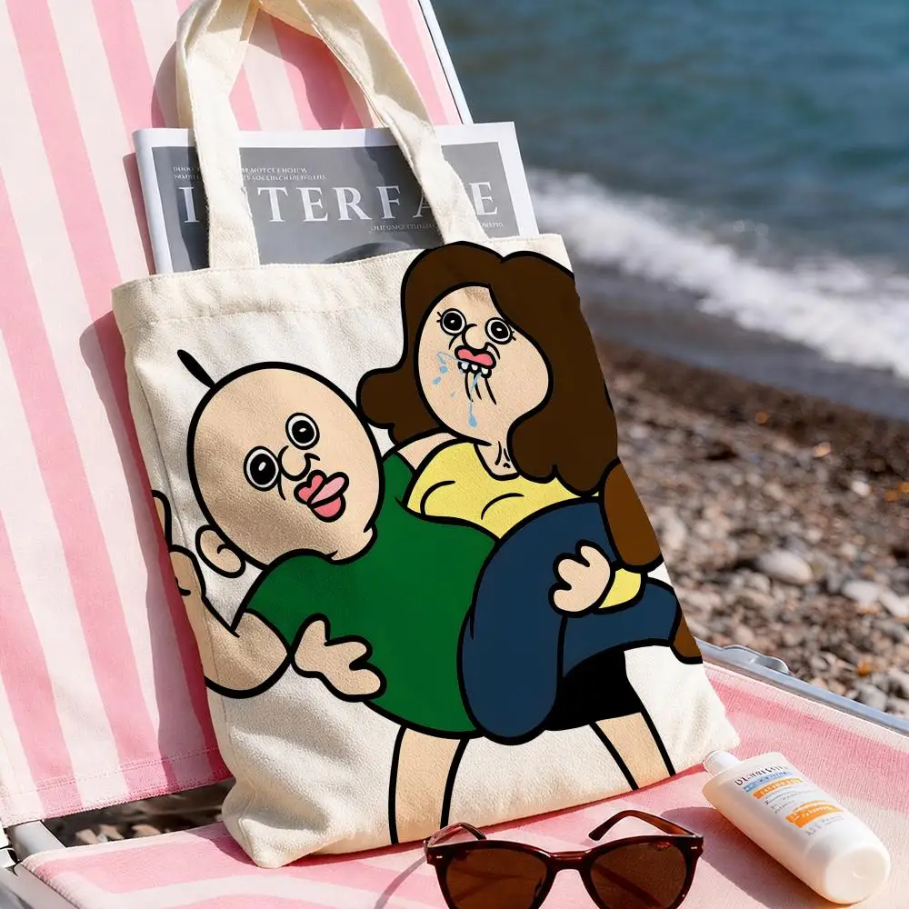 P-Pangpang Storage Bags Double-Sided Printed Canvas Tote Bag Large Capacity Women Shoulder Handbag