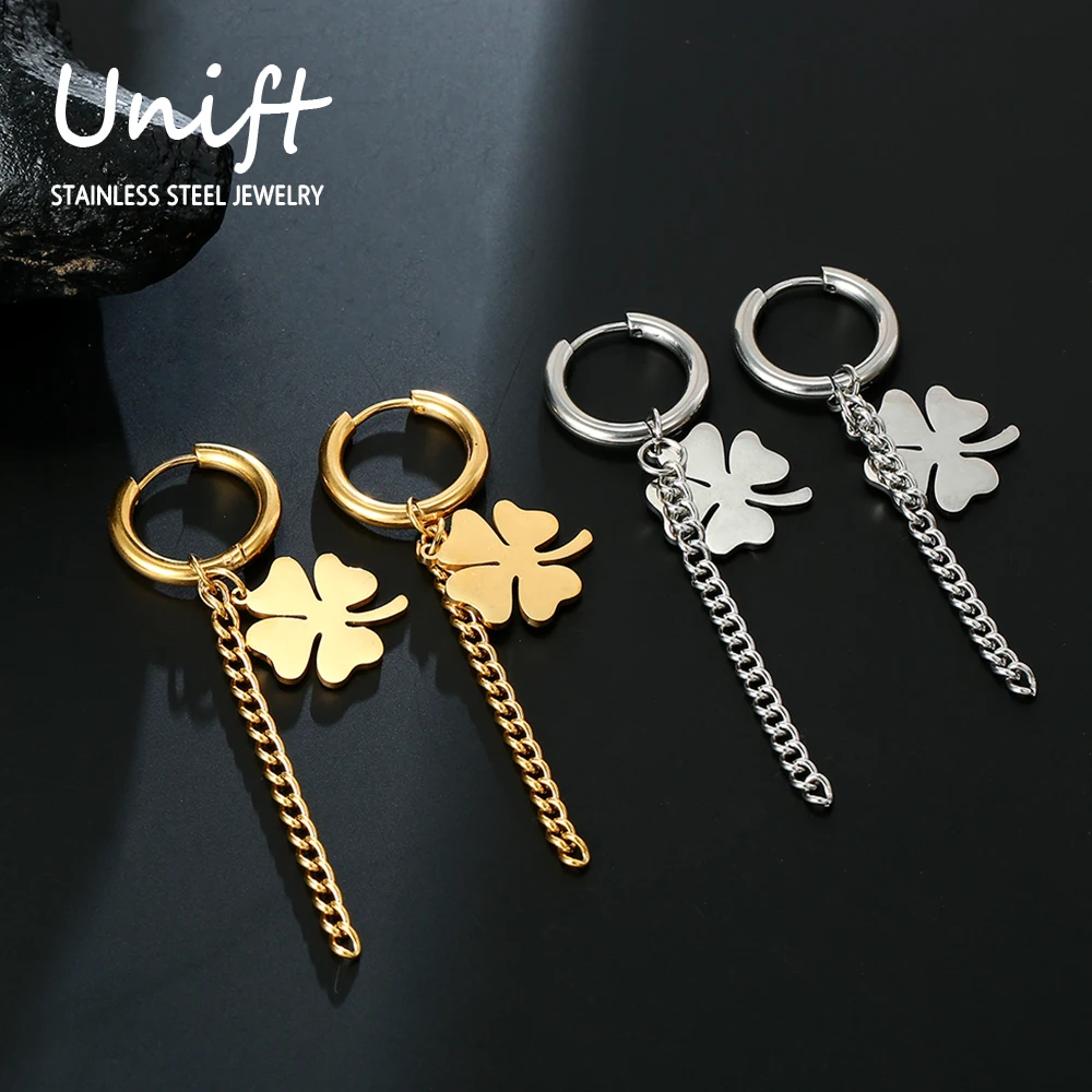 Unift Lucky Clover Leaf Hoop Earrings for Women Stainless Steel Ear Piercing Accessories Trendy Boho Minimalist Wedding Jewelry