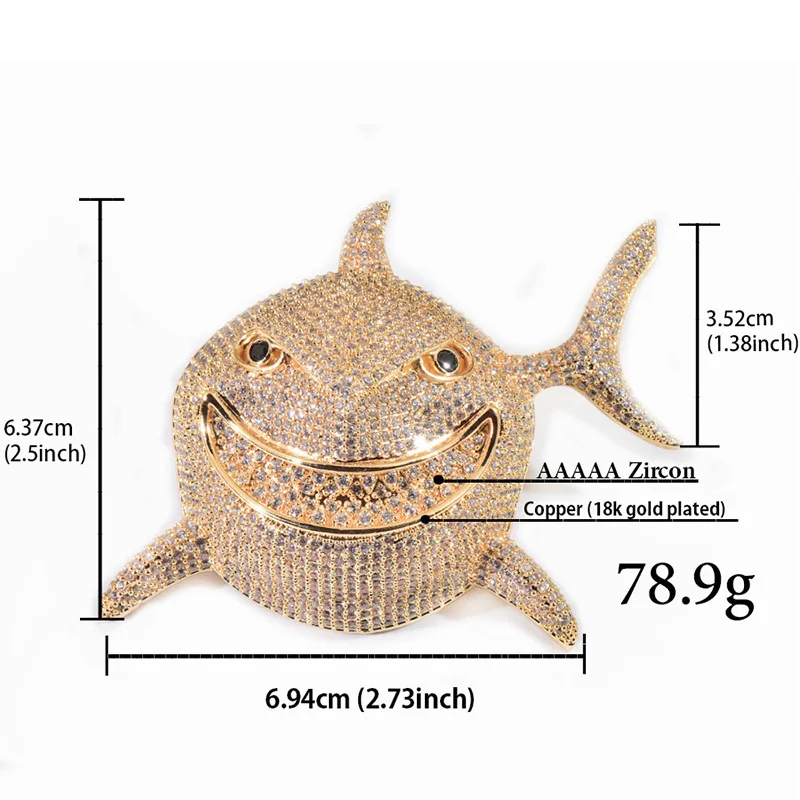 Hip Hop 5A+ CZ Stone Paved Bling Iced Out Big Shark Pendants Necklaces for Women Men Unisex Rapper Jewelry Gold Silver Color