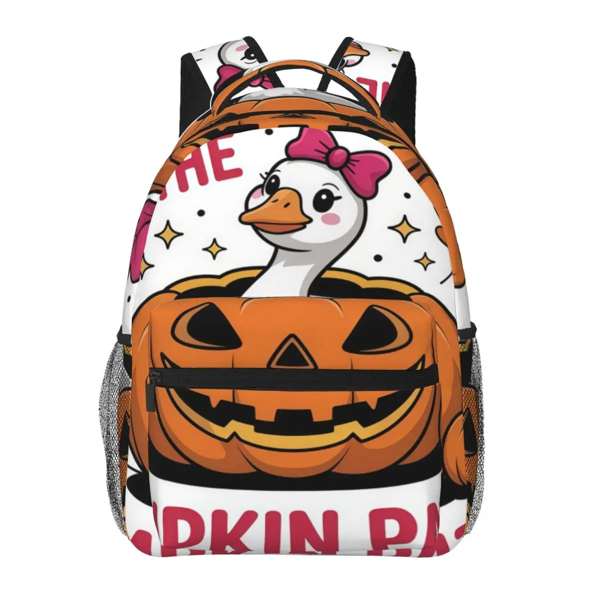 Lovely Casual Backpack Center Goose Jack O Lantern Pumpkin Typography Cute Fall Typography Whit Holiday Daypack for October Men