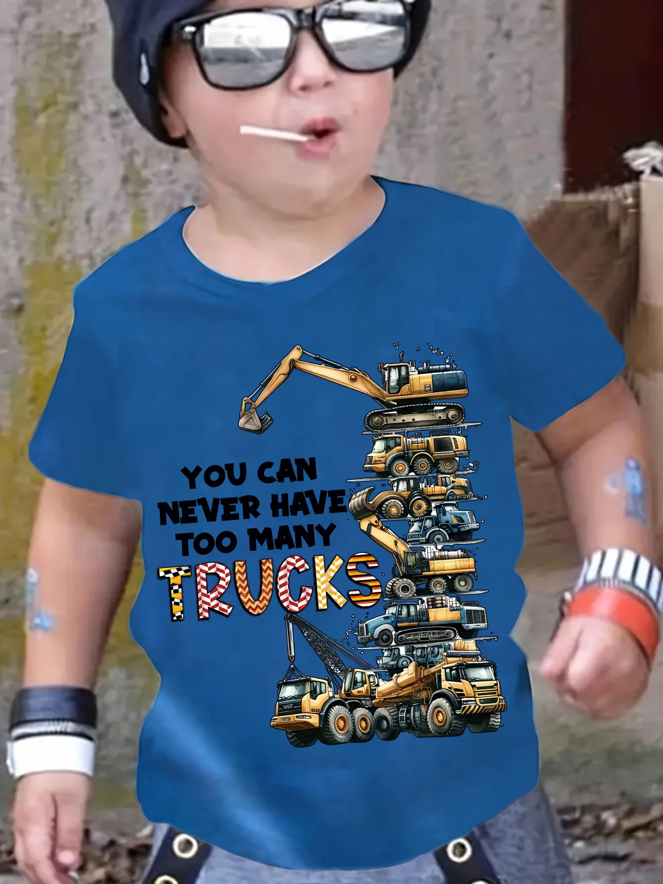 Excavator Truck Printed Boy's T-shirt, Children's Daily Casual Short Sleeved Round Neck Comfortable Summer T-shirt For Children'