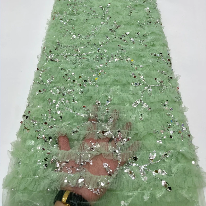 French luxurious lace mesh fabric, African high-quality double lace, beaded, branch and sequin embroidered lace fabric dress