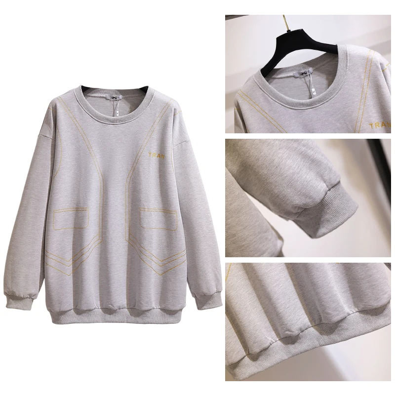 Sudadera con capucha informal de talla grande para mujer, tela de poliéster y algodón con cuello redondo gris, estampado en caliente con personalidad, Otoño e Invierno