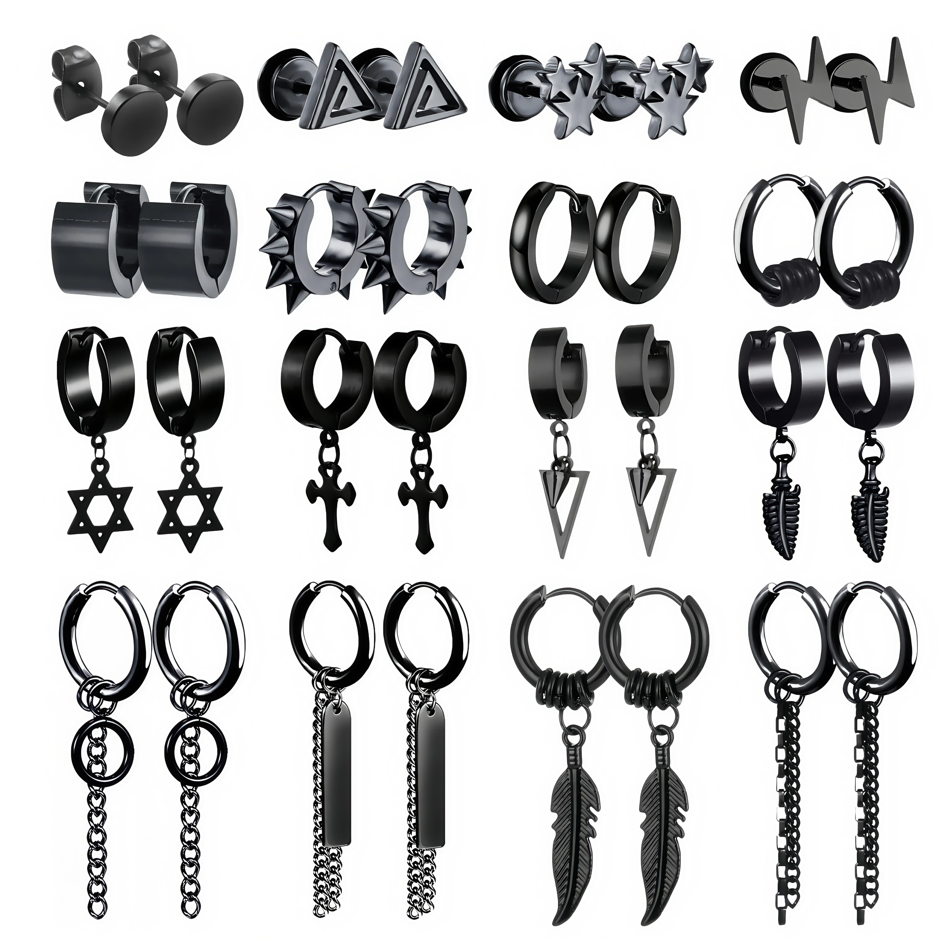 2PCS Punk Lange Kette Feder Schwarz Frau Edelstahl Piercing Hängen Ohrringe für Mann Vintage Baumeln Ohr Schmuck