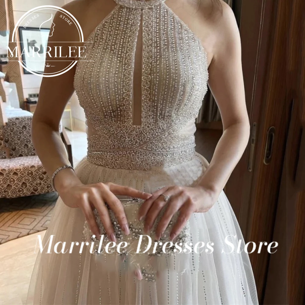 Marrilee Customized Evening Dresses 2024 High Neck Pleat Illusion Shiny Pearls Open Back Prom Dress Women Luxury Party Dress