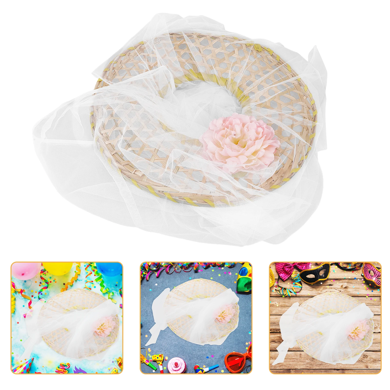 

1pcs Bamboo Cone With Veil Traditional Asian Sun Hat Hollow Japanese Chinese Rain Cap For Wedding Party Costume Cosplay Outdoor