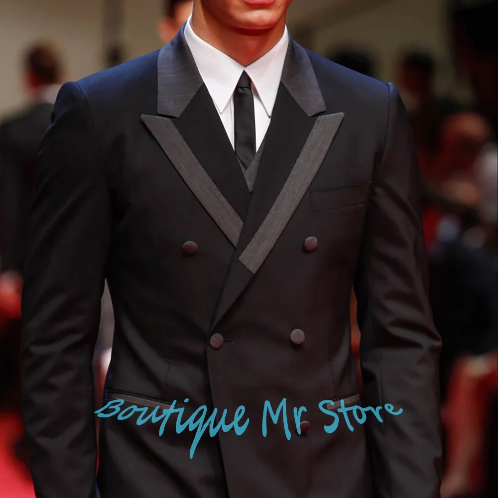 

Classic Black Men's Suits 3Piece Double-Breasted Tuxedo with Satin Peaked Lapel Formal Wedding Red Carpet Evening Gown Blazer