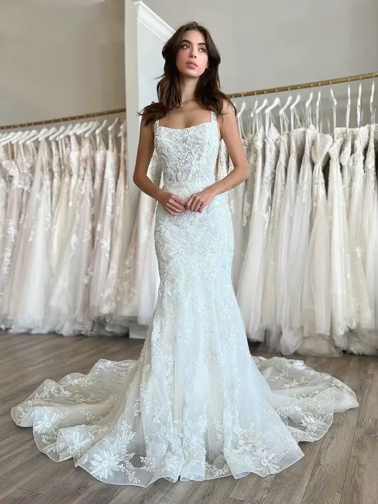 

Customized Exquisite Lace Mermaid Wedding Dresses Square Collar Sleeveless Applique Bridal Gowns Beading Vestidos de novia