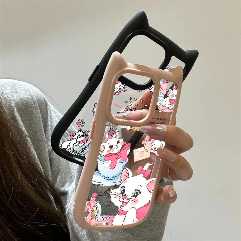 Marie Cat Cute Cat Ear Phone Case For iPhone 15 14 13 12 11 Pro Max Transparent Shockproof Hard Acrylic Soft Silicone Bumper