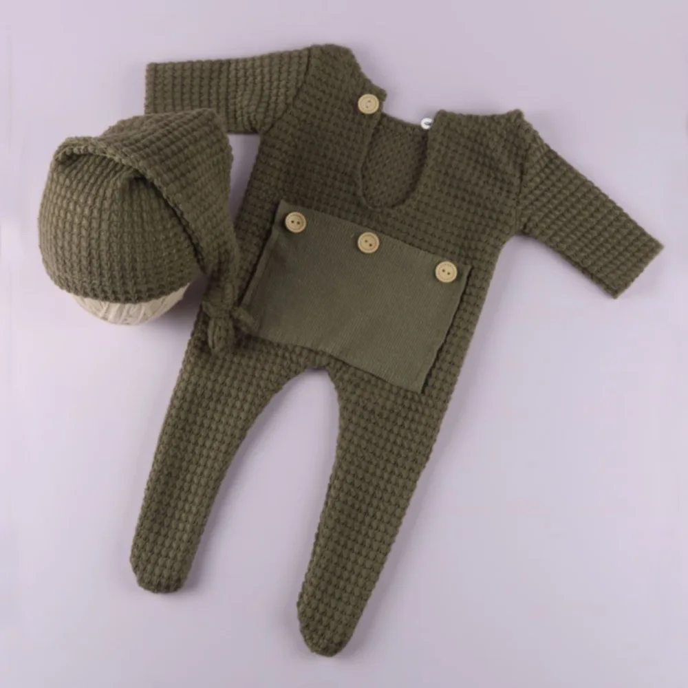 Ylsteed Neworn Footed Jumpsuit for Photo Shooting Infant Photography Outfits Newborn Buttons Pocket Romper with Pom Sleepy Hat