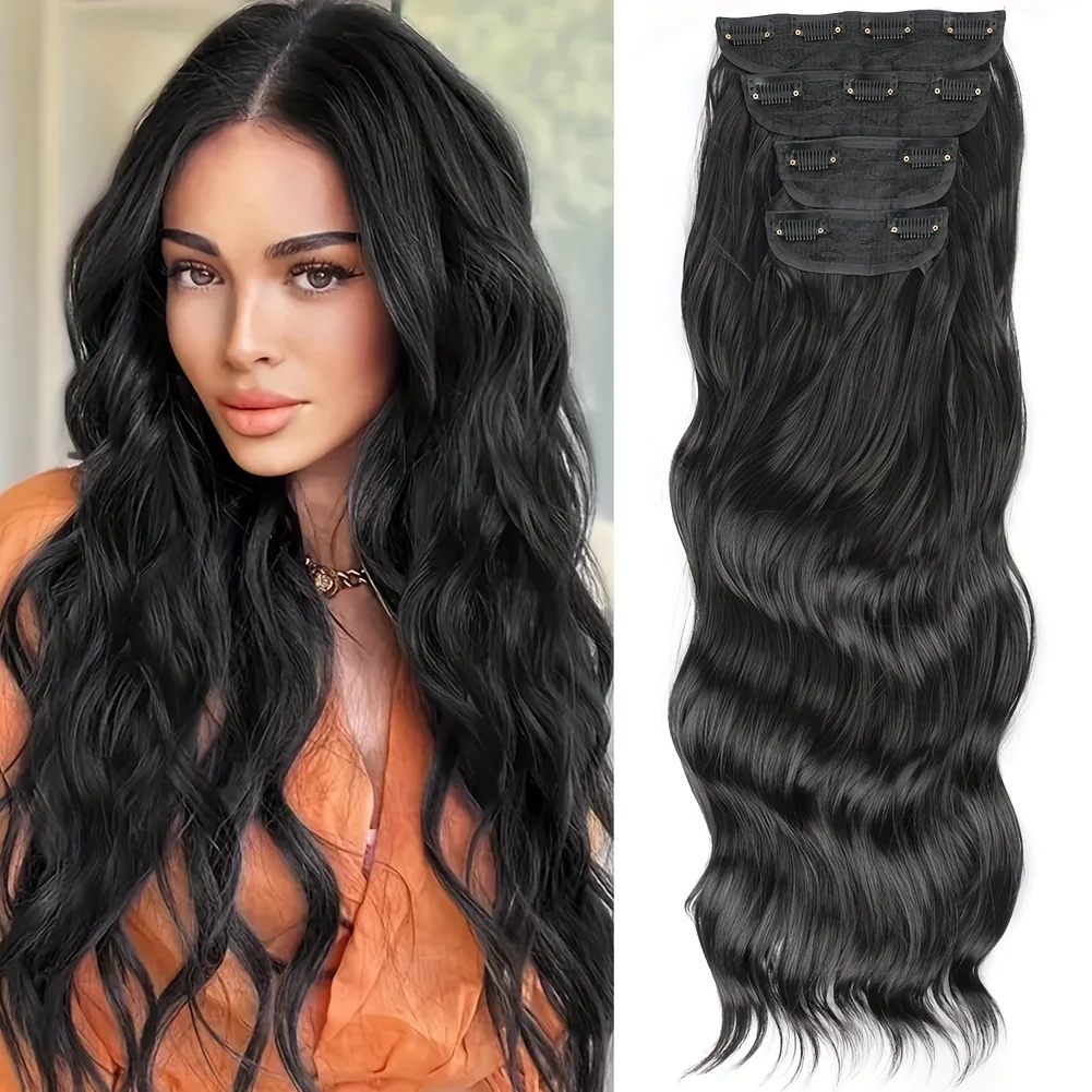 

4PCS Clip in Hair Extensions Long Natural Wave Synthetic Hairpieces Heat Resistant Clip On Hair Extensions For Women Daily Use