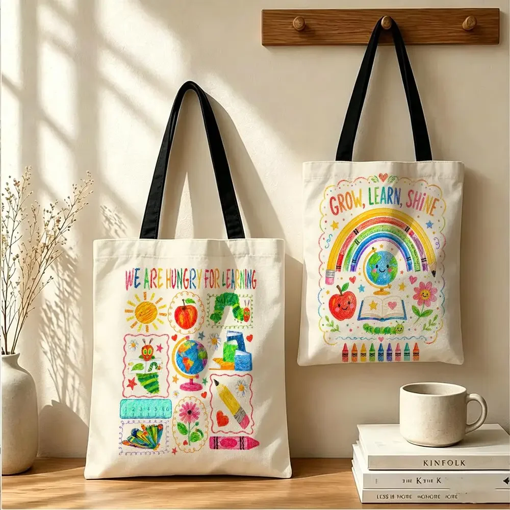 We Are Hungry For Learning Storage Bags Canvas Tote Bag Women Large Capacity Reusable Shopping Shoulder Bag Daily Handbag