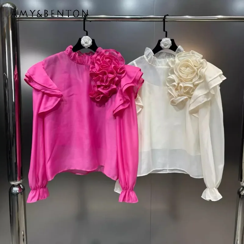 

2024 Spring Stand Collar Long Sleeved Blouse Ruffled Three-Dimensional Big Flower with Sling Women's Temperament Two Pieces Sets