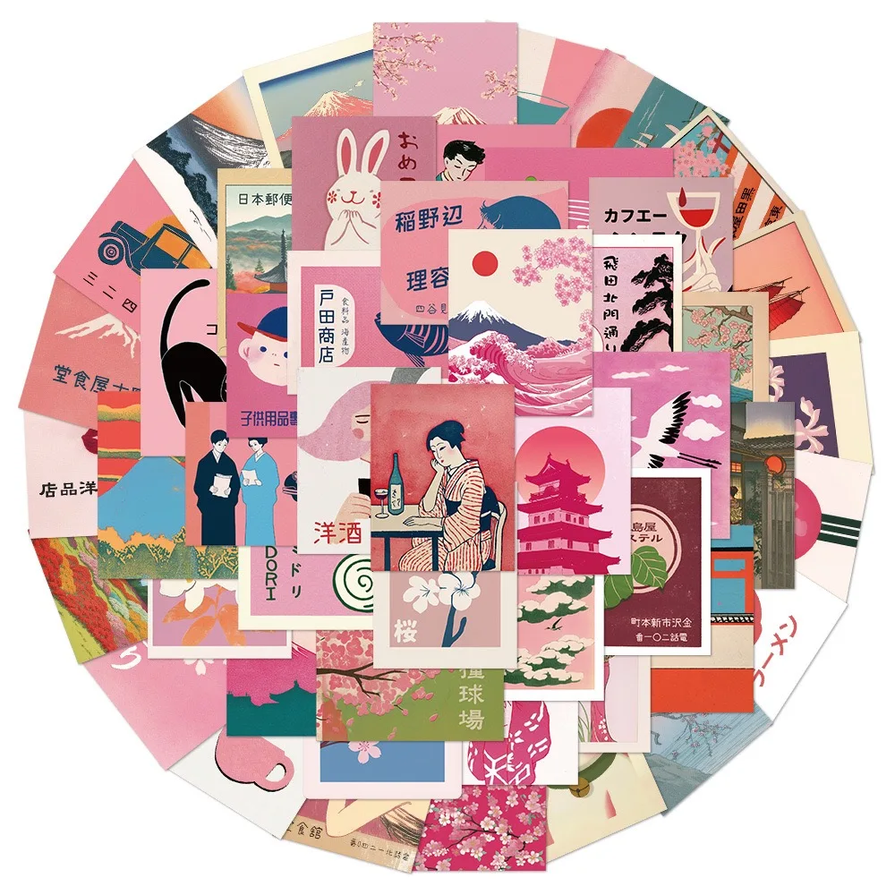 10/50 個ヴィンテージピンク日本の旅行ステッカー日本文化風景デカール子供のための電話ラップトップスーツケースノートブックビニールデカール