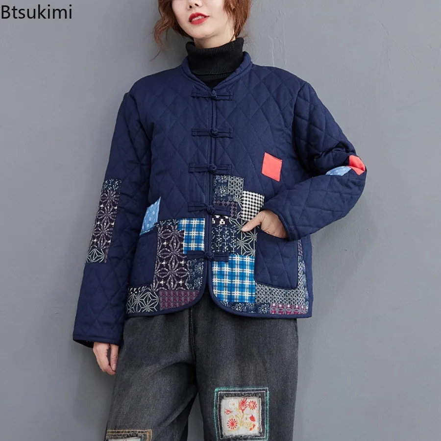 New 2025 Autumn Winter Arts Style Women Long Sleeve Vintage Short Coat Patchwork Cotton Linen Single Breasted Thicken Jackets