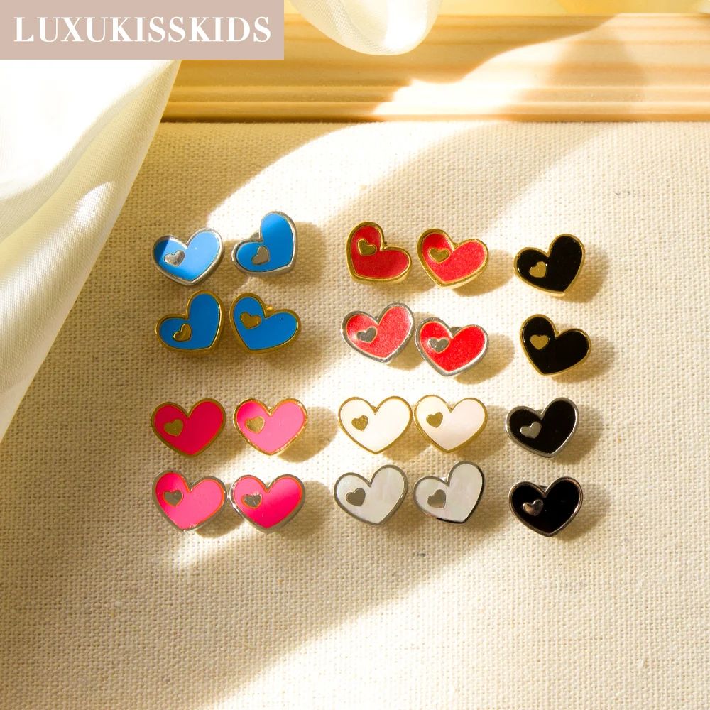 LUXUKISSKIDS Red Pink Color Girls Heart Stud Shell Earring Acrylic Cute Fashion Jewelry Stainless Steel Women Korean Ears Clips