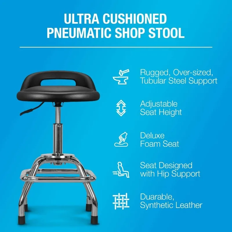 Tabouret Roulant Rond en Cuir PU avec Rembourrage et Support Lombaire, Réglable, Chromé, 28 Pouces