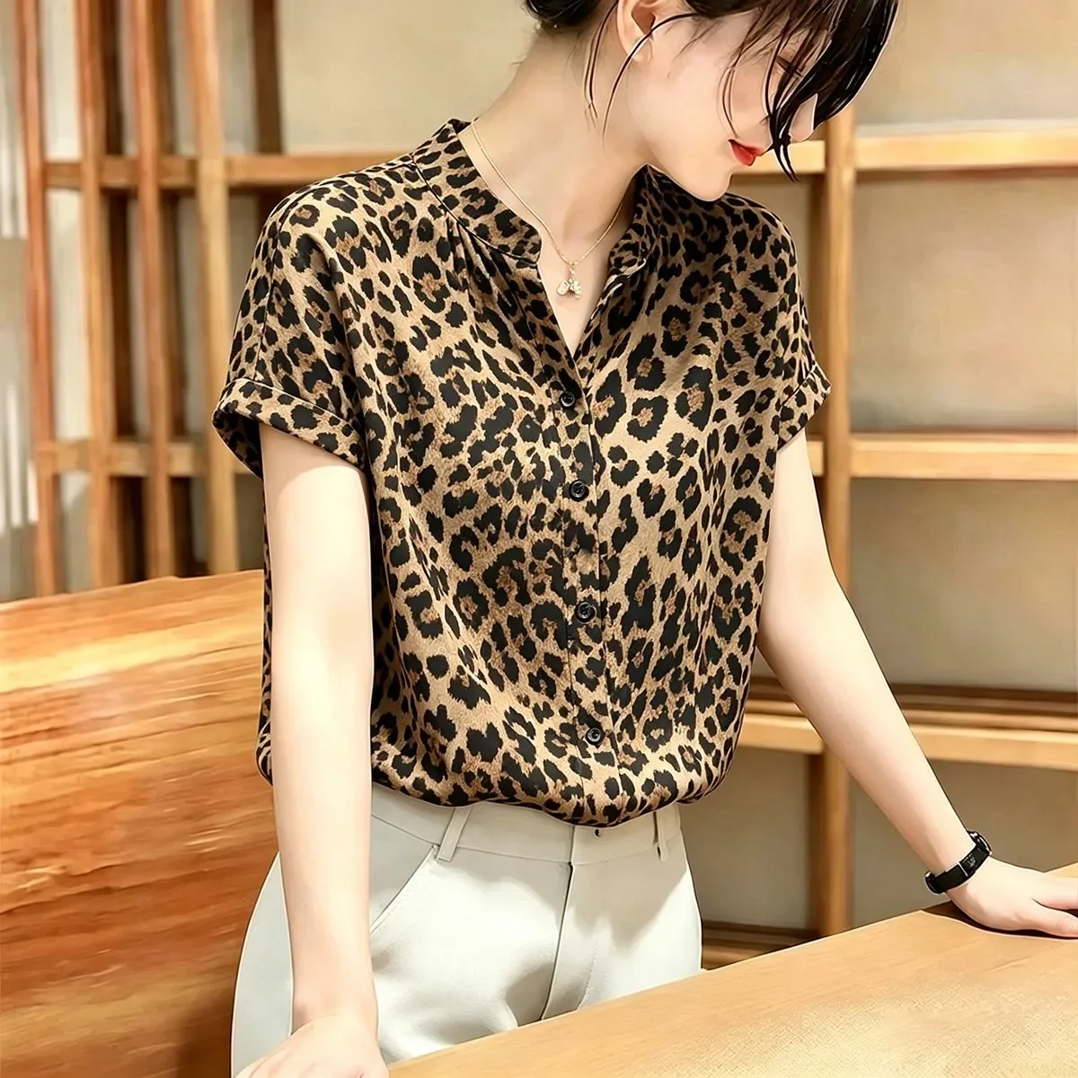 Women Leopard Print Short Sleeve Button Down Shirt Loose Fit Casual Blouse Summer Lightweight Turn Down Collar Top