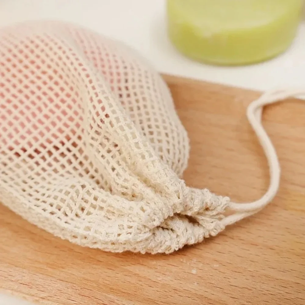 Eco Friendly Mesh Soap Saver Pouch Natural Cotton Handmade Soap Storage Bag Portable Cleaning Skincare Foaming Drawstring Bag