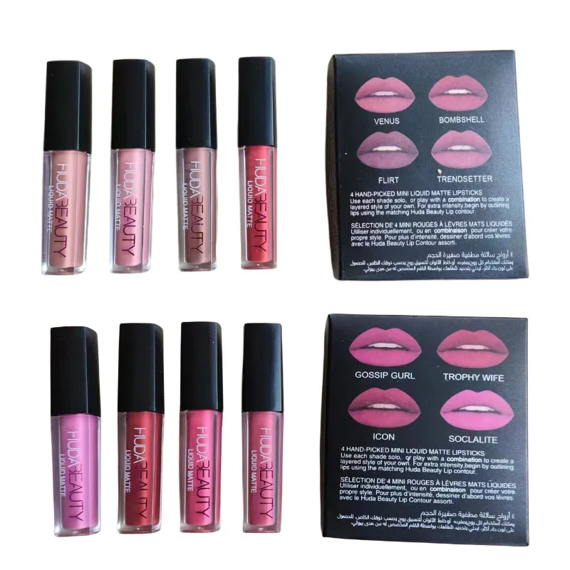 8pcs Huda Beauty Liquid Matte Lip Gloss Kit Waterproof Lip Glaze Tint Non-stick Non-Fading Lipstick Lip Makeup Cosmetic Lip Care