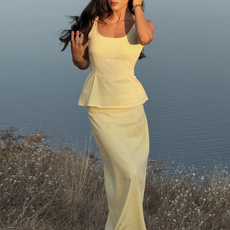 Casual Straps Backless Formal Banquet Outfit Temperament Waist Cinch Top+Fish Tail Skirt 2pc Set Elegant Solid Off Shoulder Suit