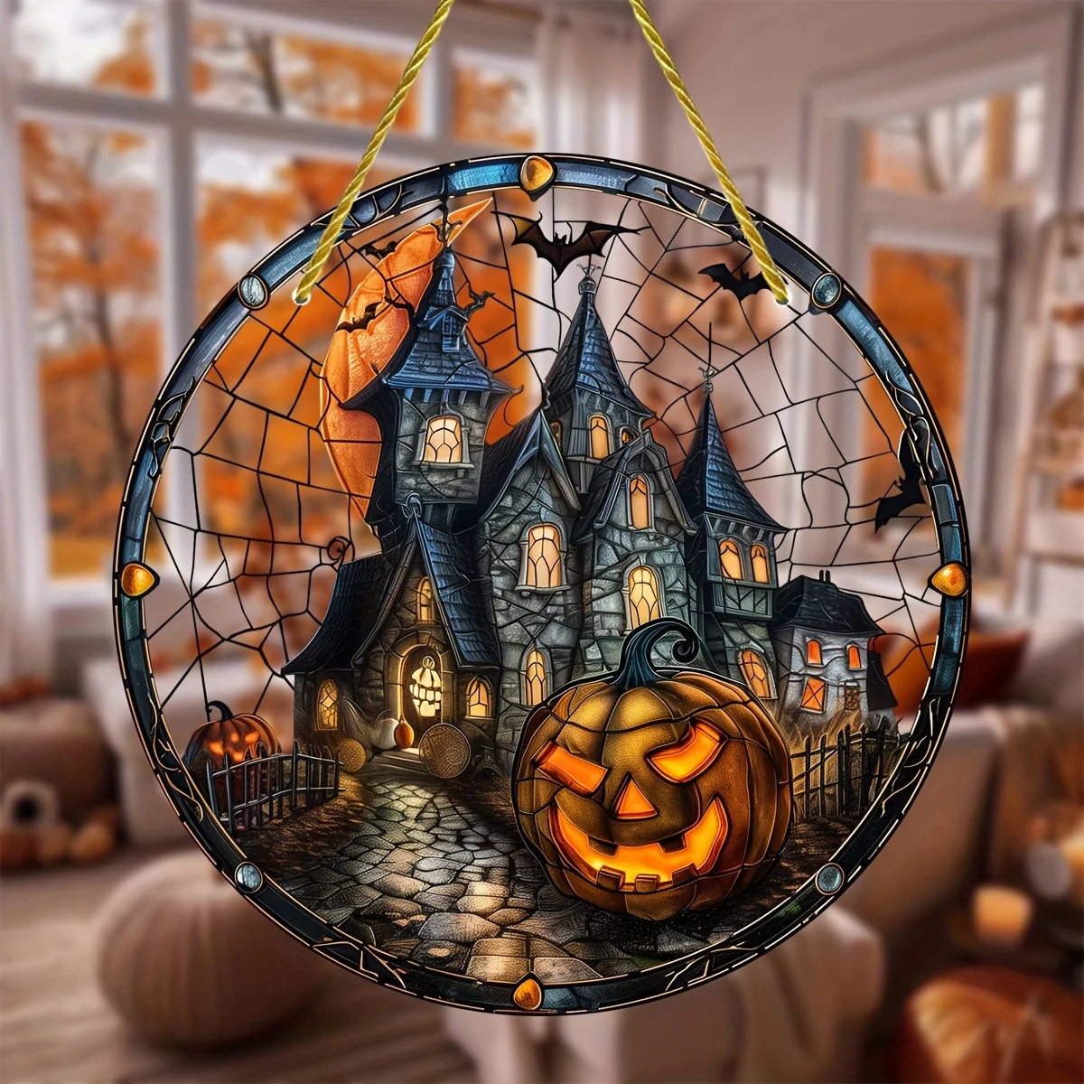 

Halloween Haunted Mansion Town-Round Acrylic Window Hanging Light Catcher,Perfect For Home&Porch,Yard Accents-Ideal Holiday Gift