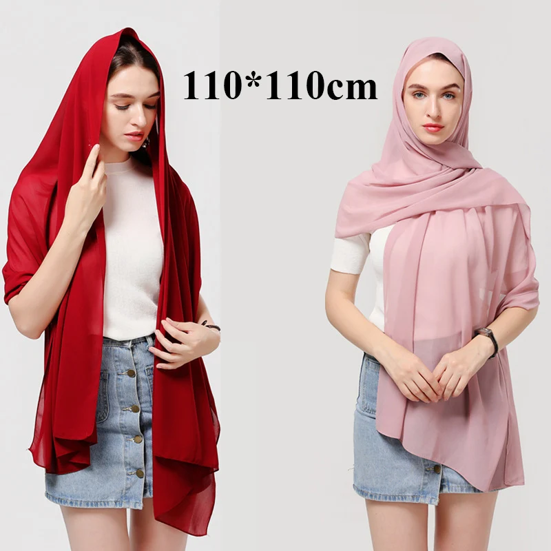 110*110cm Chiffon Square Hijabs Scarf For Woman Muslim Turban Hat Islam Headscarf Women Plain Veil Jersey Hijabs Ramadan