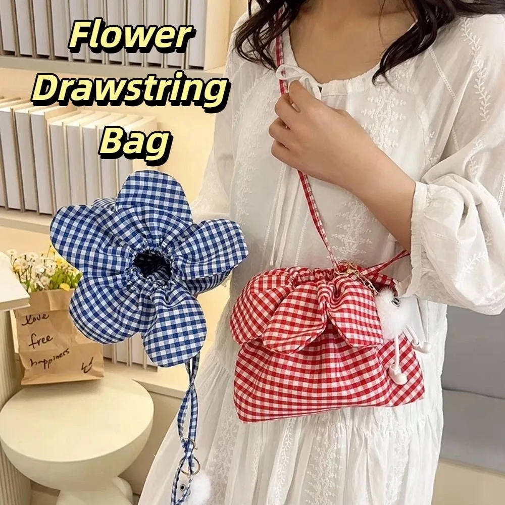 

Casual Cute Flower Drawstring Bag Portable Bundle Pocket Plaid Flower Crossbody Bag Storage Bag Cloth Ins Shoulder Bag Travel