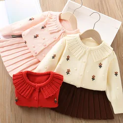 Girls Woolen Jersey Clothes Sets Spring Autumn Children Knitted Sweaters Tops Skirts 2pcs Dress Suit For Baby Party Outfits Kids