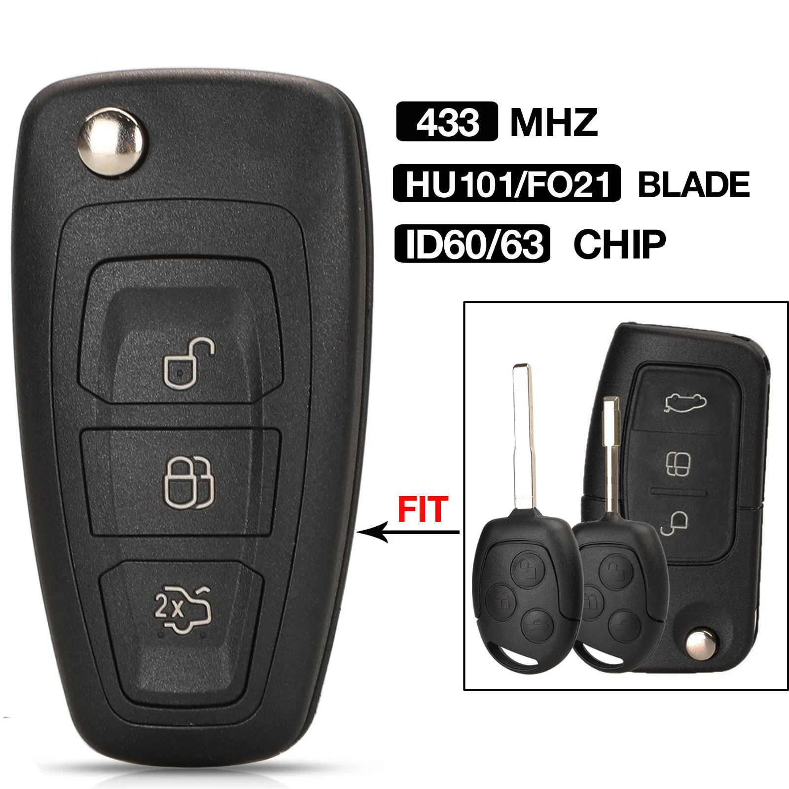 jingyuqin 3BTN 433Mhz 4D60 ID63 Chip Upgrade Folding Remote Key Fob For Ford Focus Mk1 Mondeo Transit Connect FO21/HU101 Blade