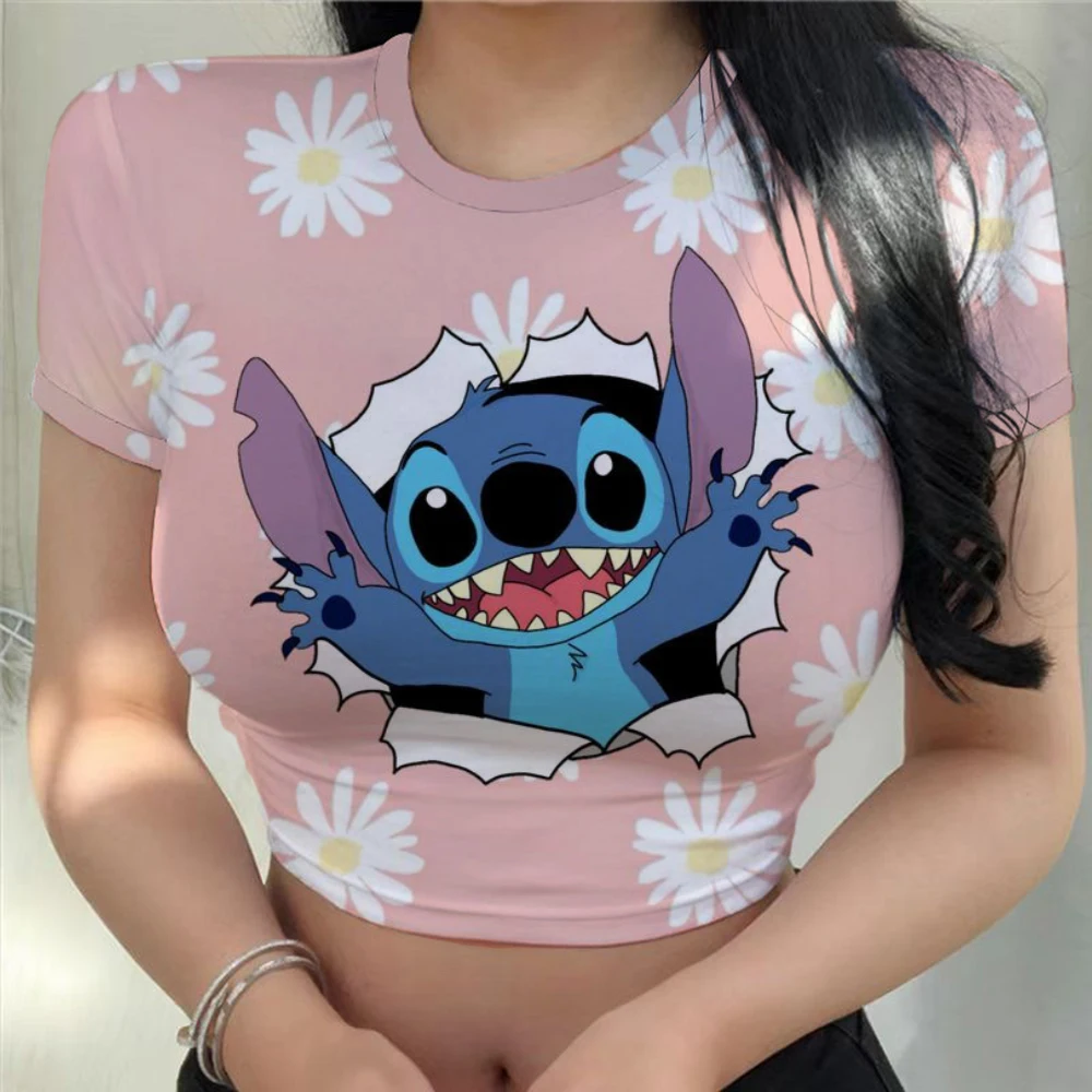 Nowe letnie krótkie bluzki kobieta seksowna obcisła koszulka z nadrukiem Disney Stitch damska odzież Kpop Harajuku